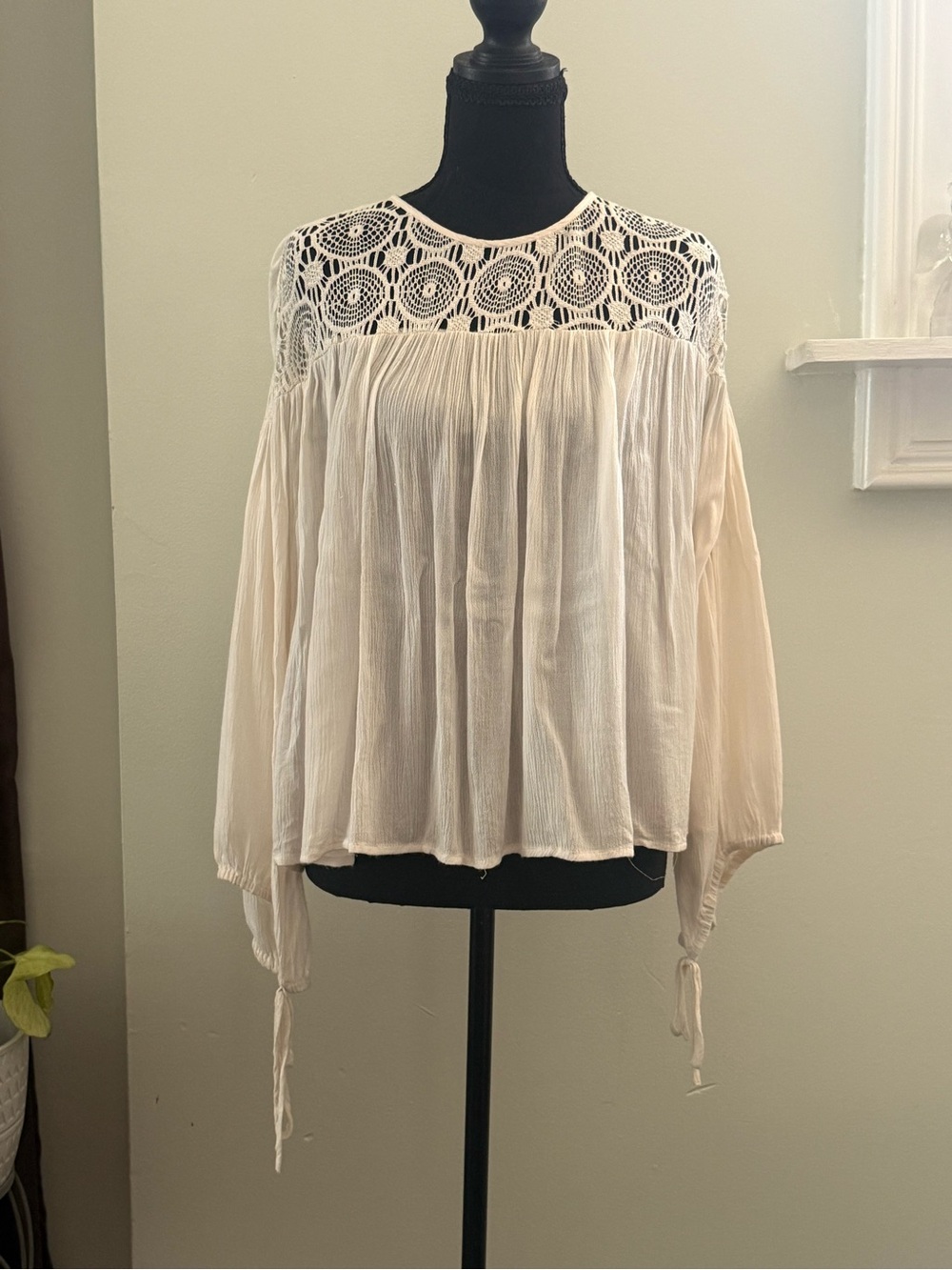 Vanilla Star Ivory Crochet Yoke Peasant Blouse